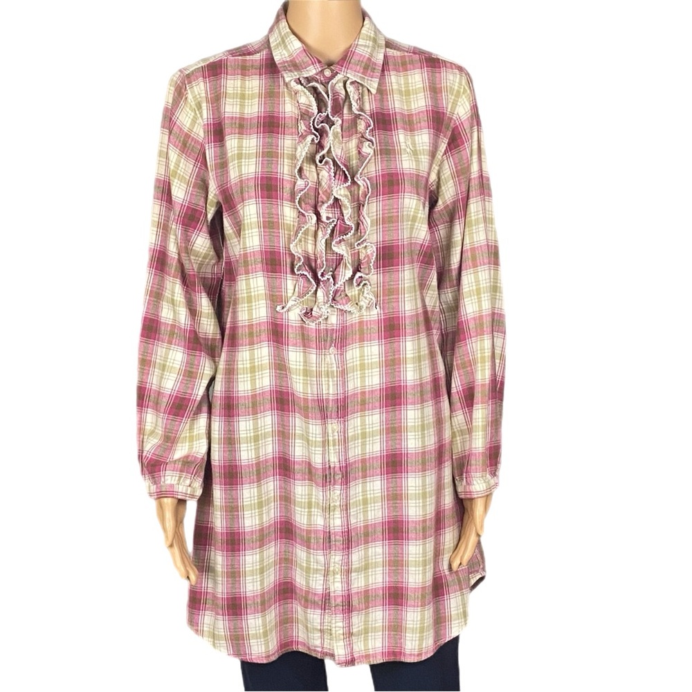 RALPH LAUREN BLUE LABEL Plaid Ruffle Front Cotton Shirt Dress/Tunic Medium